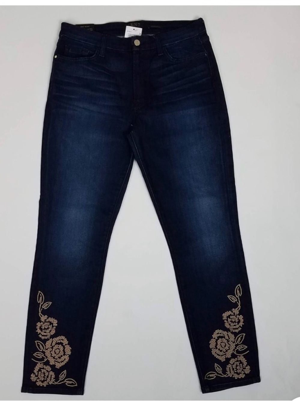 Jen 7 - Women’s Dark Blue Skinny Jeans with Gold Floral Embellishment